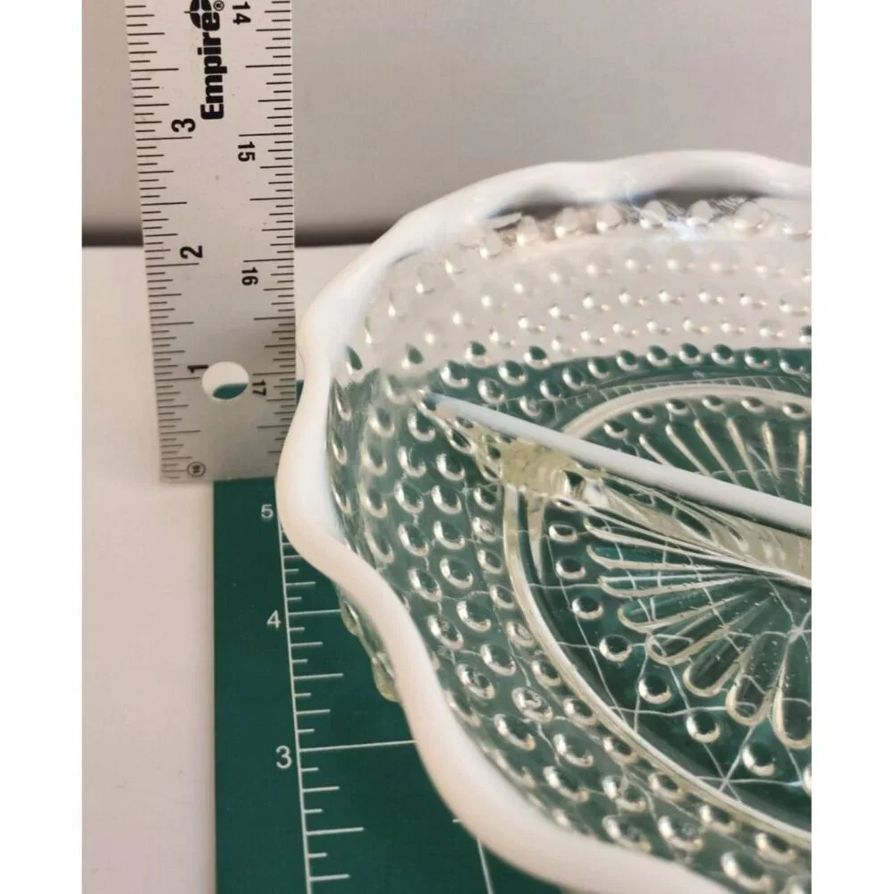 Vintage Hobnail Opalescent Relish Dish Divided Glass Scalloped Serving Bowl